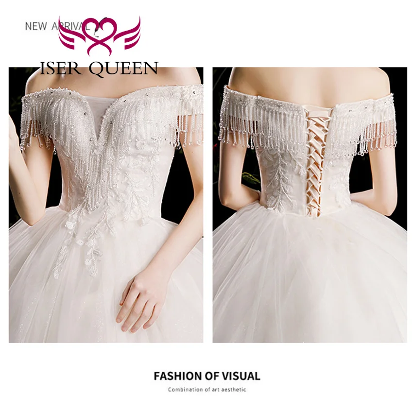 カスタマイズされたオフショルダークリスタルタッセルウェディングドレス夜会服 V ネック光沢のあるチュールエレガントなシンプルな花嫁ドレスヨーロッパ WX0457