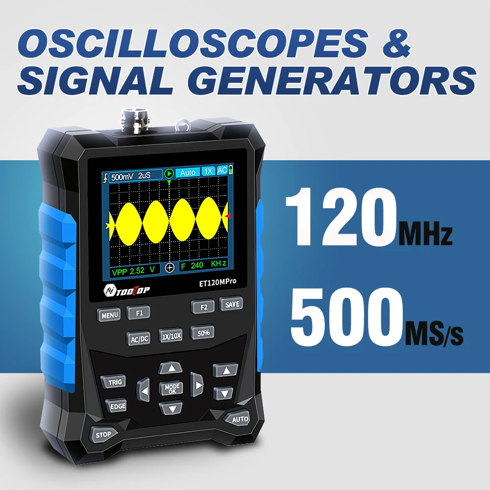 TOOLTOP ET120MPro Digital Oscilloscope 120MHz 500MS/s Sampling Rate Sine / Triangle/ Square Wave Product Maintenance Testing
