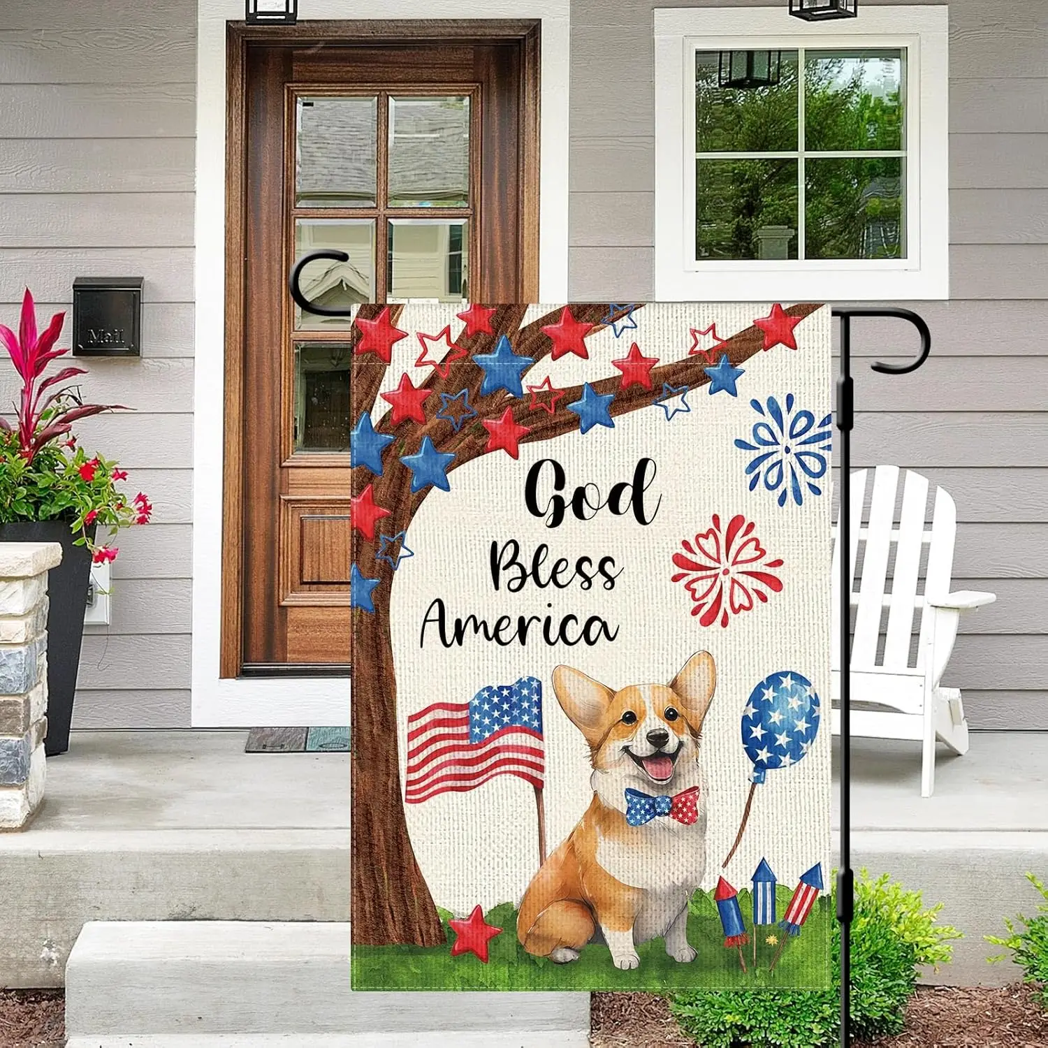 DLZDN God Bless America 4th of July كورجي حديقة الكلب العلم 12 × 18 بوصة مزدوجة الجانب العمودي الخيش مزرعة ساحة العلم Indepen HHU
