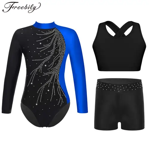 Leotardo de gimnasia de manga larga para niñas + pantalones cortos, conjuntos de Ropa de baile, mono de patinaje artístico para niñas, traje de Ballet, mono de Yoga