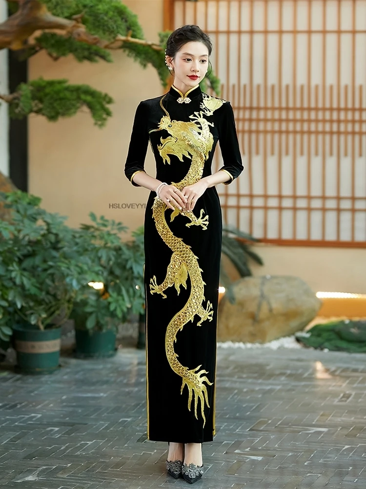 

Chinese Improved Dress Traditional Qipao Dress Nationa Embroidery Velvet Qipao Oriental Banquet Evening Dress Qipao
