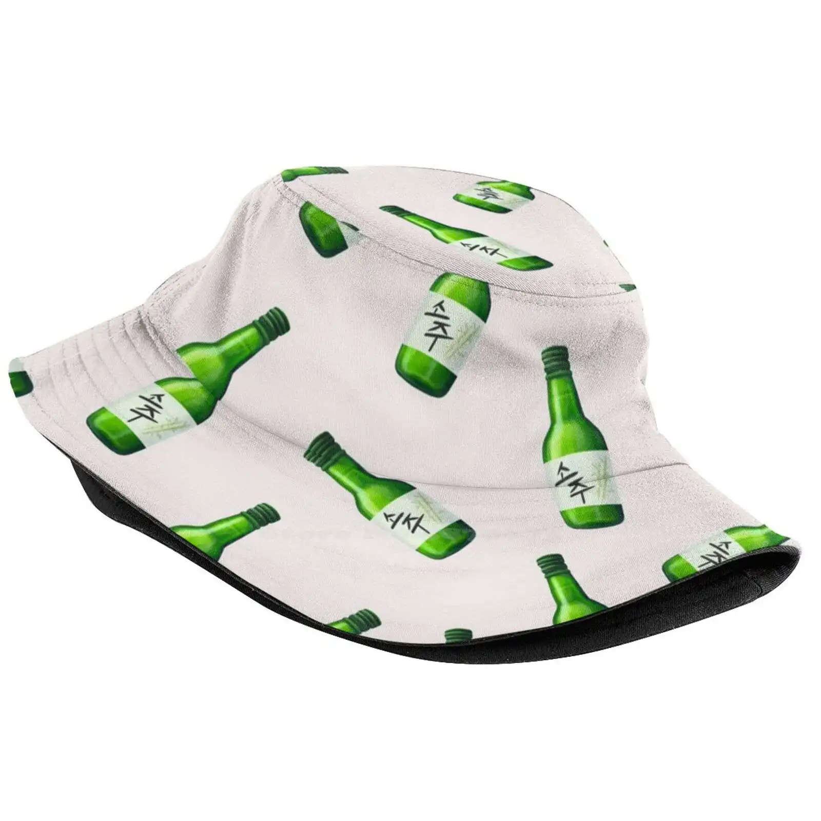 Soju Foldable Panama Bucket Hat Cap Soju Green Drink Food Soda Beverage Seoul Kdrama Kpop Grey Gray Shot Refreshing Asian