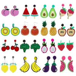 Trendy Funny Fruit Vegetables Acrylic Women's Drop Earrings Cute Strawberry Watermelon Lemon Cherry Dangle Earring Party Jewelry