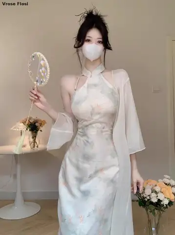 자세히 둘러보기 여성용 중국 스타일 한푸 세트, 민소매 치파오, 섹시한 프린트, Qipao 개량 중국 원피스, 우아한 빈티지 코스튬