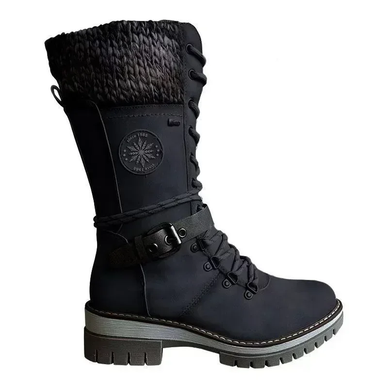 Winter Women Boots Side Zip Snow Boots Buckle Lace Knitted Mid-calf Women Boots Goth Shoes for Womens Outdoor Warm Leather Boot