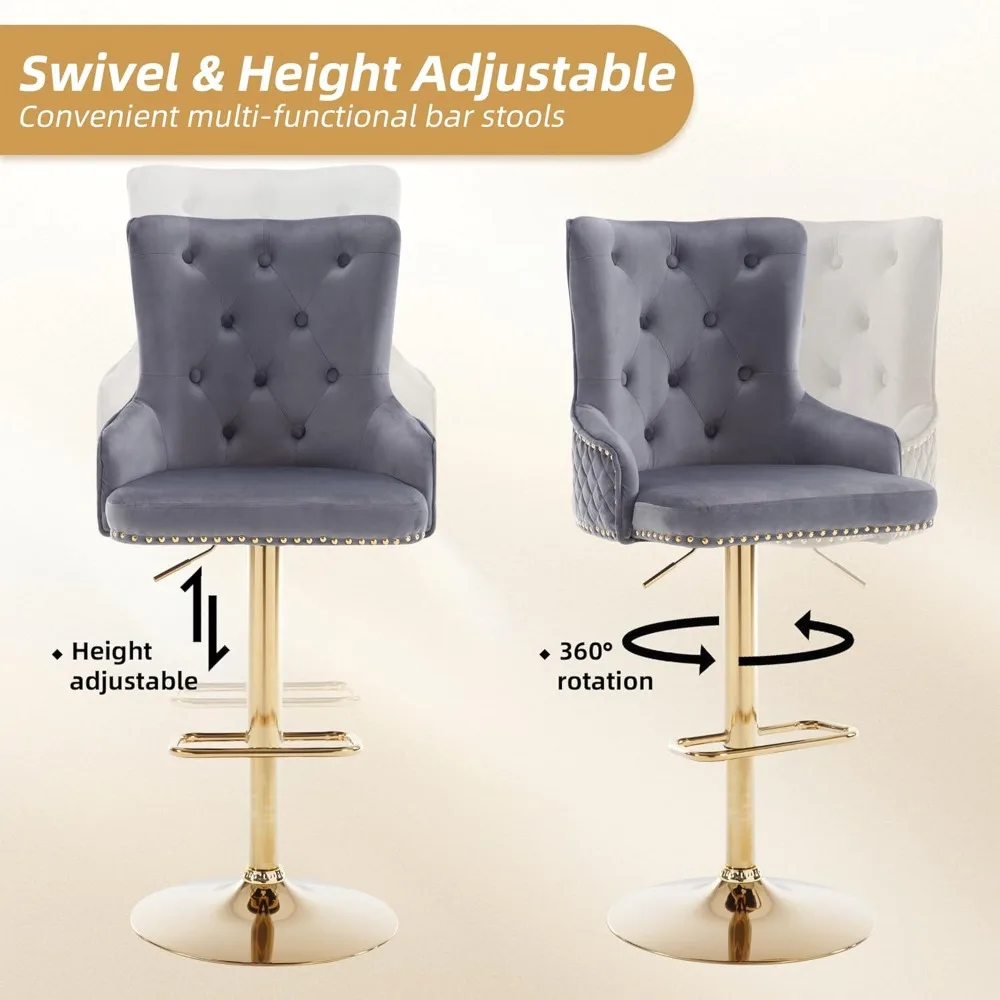Conjunto de 2 bancos de bar de veludo, cadeira giratória com anel de tração Gold Lion, banco de bar estofado com cabeça de prego, altura ajustável