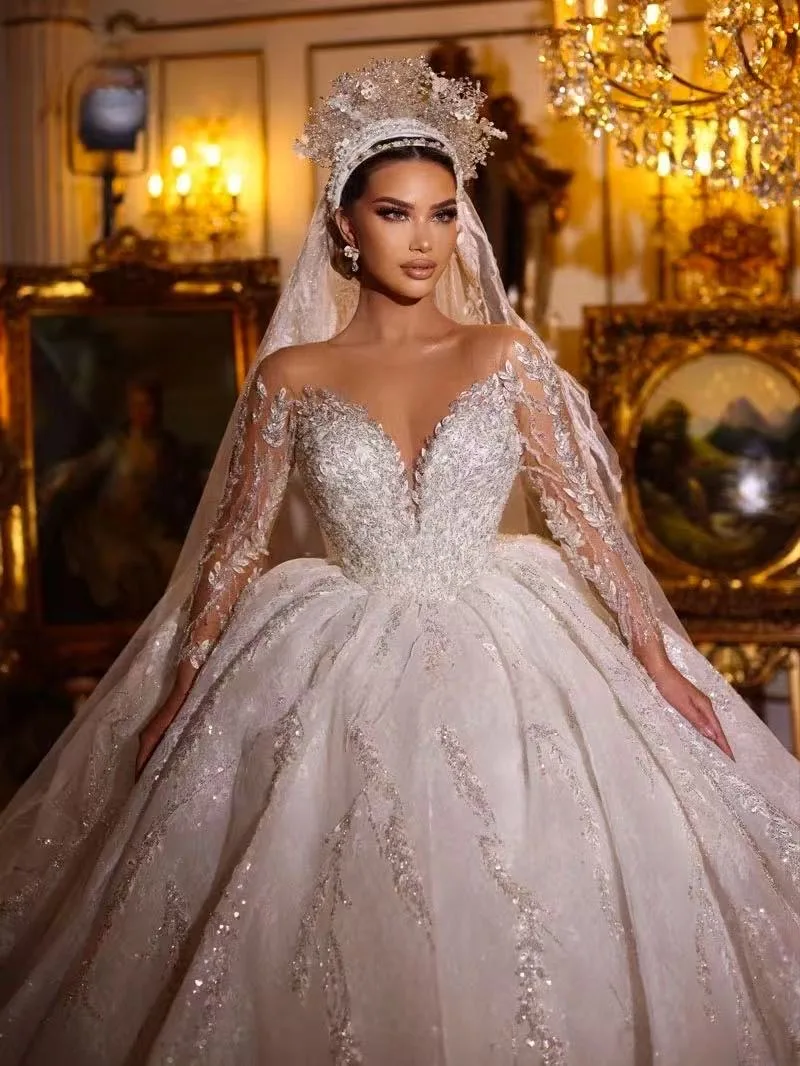 

Glitter Beading Pearls Embroidery Wedding Dress Full Sleeve Lace Illusion Neck Princess Bridal gown Ball Gown Customized Vestido