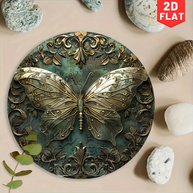 [2D Flat] 1pc 2D Flat Printed Mechanical Feel Butterfly Round Vintage Metal Sign, a Fun Wall Art Decoration, Ideal for Home, Caf