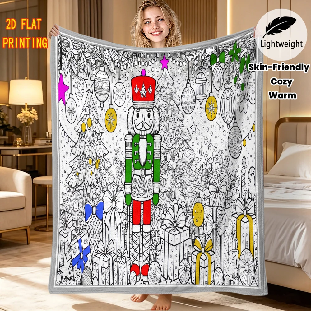 Flannel Xmas Sketch DIY blanket Retro Car Gnome Reindeer Line Art Blanket Lightweight Throw for Living Room Decor