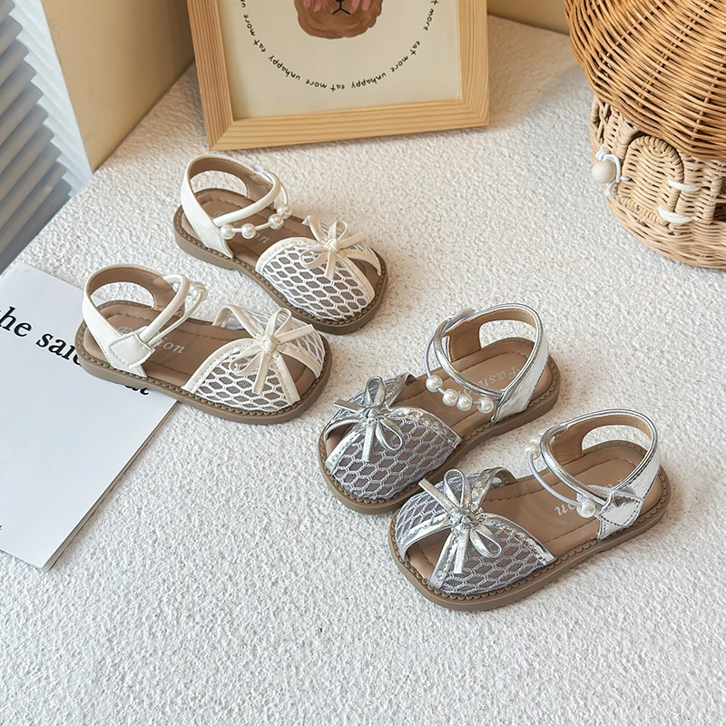 Kids Mesh Leather Sandals for Girls 2025 Summer Non-slip Sole Toddler Beach Shoes with Beaded Bow Princess Elegant Party Flats