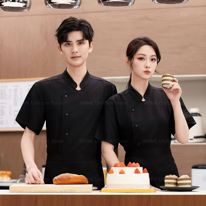 Veste de Chef respirante, uniforme avec tablier en maille à manches courtes, manteau de Chef de cuisine de Restaurant, vêtements de travail noirs, accessoires de chef pour hommes