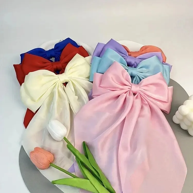 Chiffon Bow Hair Clip Women Large Bowknot Satin Hairpin Barrettes Girls Solid Color Ponytail Clip Hair Accessories Headwear Gift