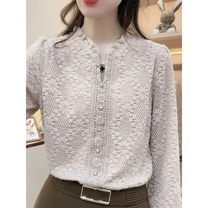 2023 New Spring and Autumn and Winter Western Style Korean Commuter Fashion Stand Up Neck Lace Jacquard Plush Thickened Shirt