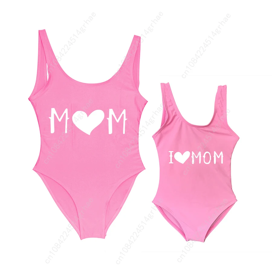 New Baby Swimwear Girls' One Piece Swimsuit I LOVE MOM Heart Letter Printing Bathing Suit Cute Mom Baby Bathing Suits Bather