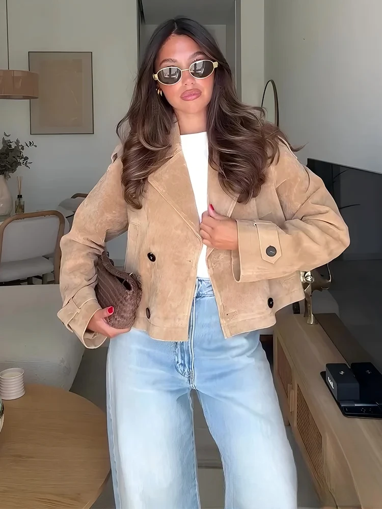 

KONDALA винтажные повседневные шикарные женские замшевые куртки однотонные двубортные короткие пальто с v-образным вырезом модные 2023 осенне-зимние плащи