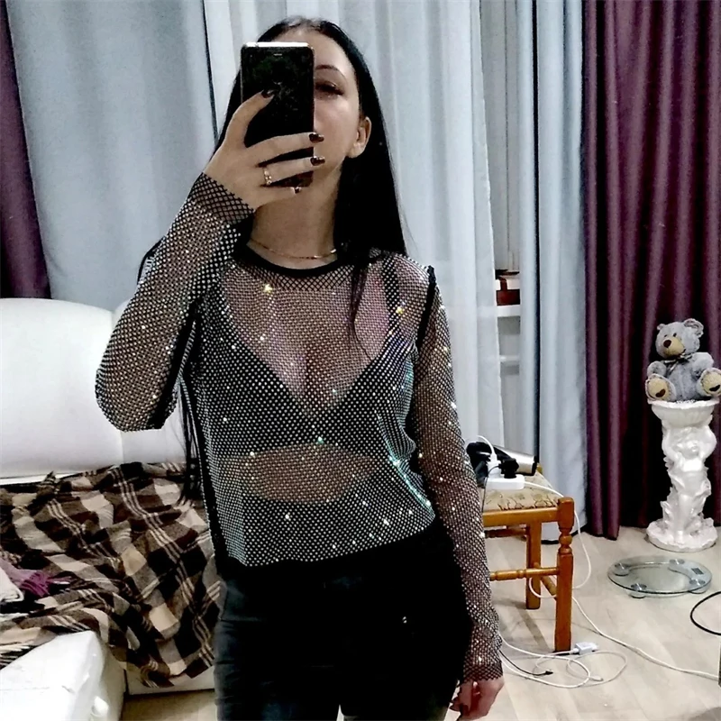 

Sparkly Rhinestone Women T-Shirt Sexy Mesh Hollow Out See Through Crop Top Backless O Neck Tank Top Rave Festival Party Camisole