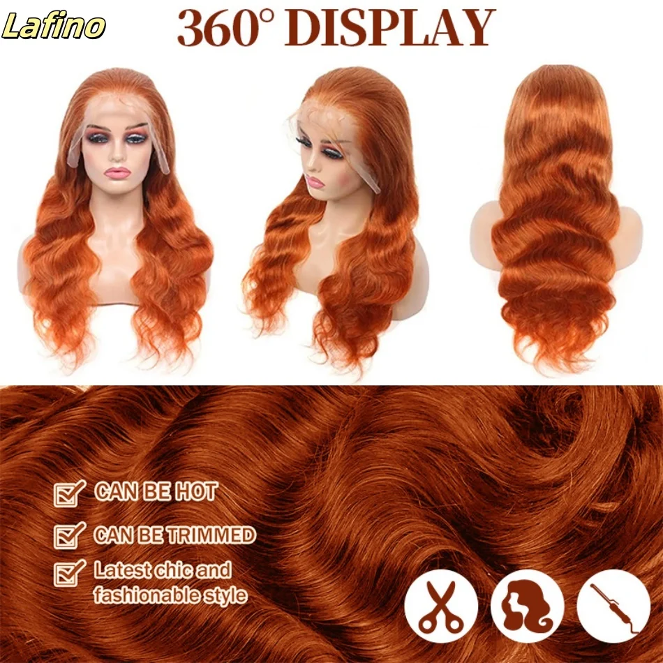 Perruque Body Wave Lace Front Brésilienne Naturelle Cheveux Humains, Transparent, Couleur Orange, 13x6 HD, 30 Pouces