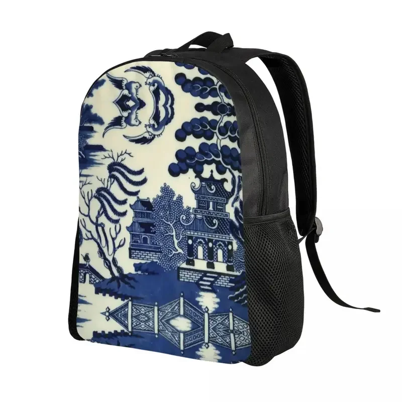 Customized Antique Willow Ware Oriental Toile Backpacks Basic Bookbag for School College Blue Delft Chinoiserie Pagoda Bags