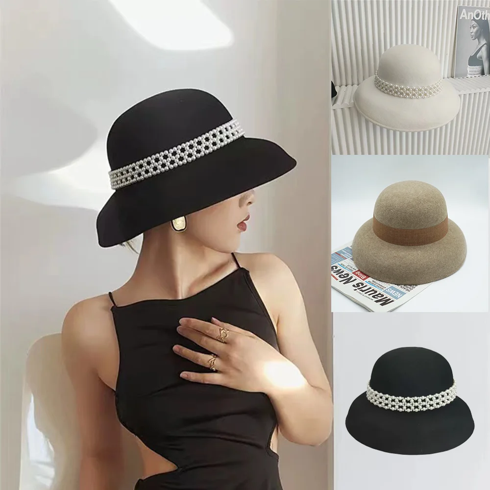 Autumn Winter 100% Wool Hat Bell Hat Women\'s French Elegant Retro Hepburn Autumn and Winter Celebrity Pearl Wool Felt Bucket Hat