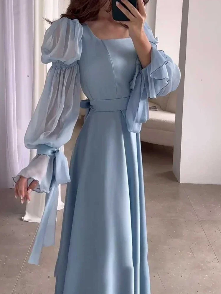 Elegant Lady Street wear Women Chiffon Satin Evening Dress solid color Square Collar Belt Flare Sleeve Pleated Female Dresses