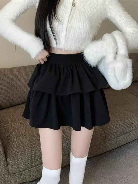 White Woolen A-Line  Skirt Women's Autumn Style Pleated High Waist Cake Skirt with Lace Trim Anti-Light Korean Style