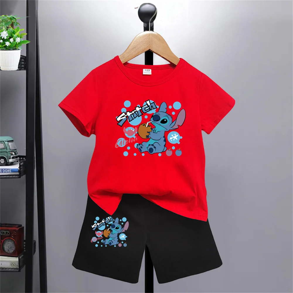 Disney Lilo Stitch Kids T-shirt Pants Kawaii T-shirt Anime Cartoon Kids Casual Clothing 2-piece set Kids Girls Boys Fashion Y2K