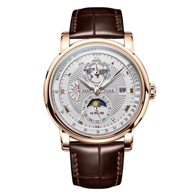 

Мужские автоматические часы Reef Tiger, 42,5 мм, механические наручные часы, светящееся сапфировое зеркало, многофункциональный циферблат, мировое время, день недели, дата, 24 часа
