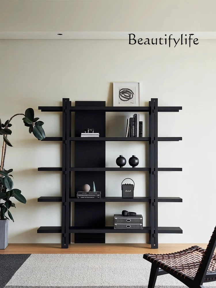 Chiba bookcase floor-to-ceiling integrated solid wood living room against the wall black display wabi-sandy wind shelf designer