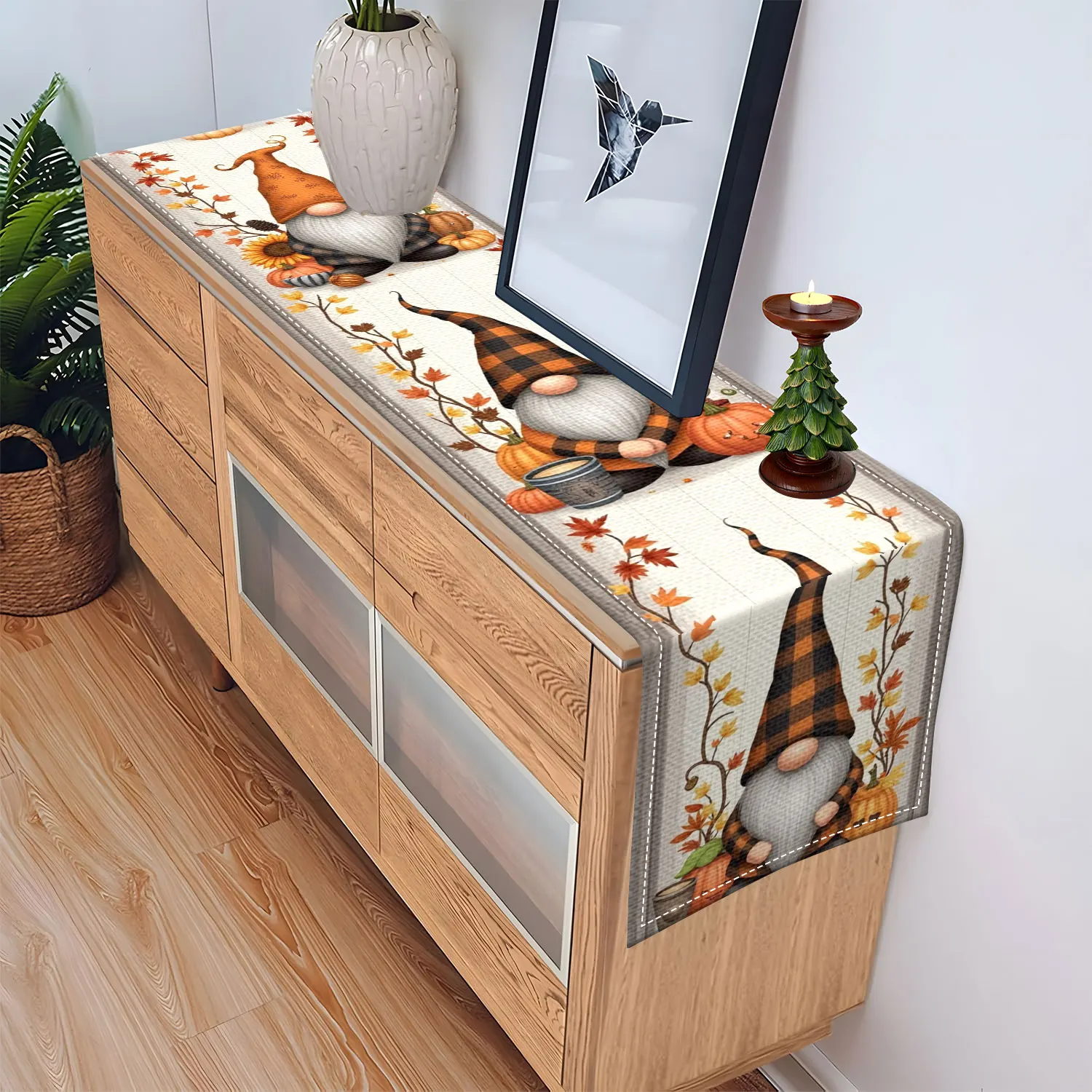 Autumn-Themed Table Runner, with Plaid Hat Elves, Pumpkins, and Autumn Leaves, Suitable for Autumn and Thanksgiving Decorations