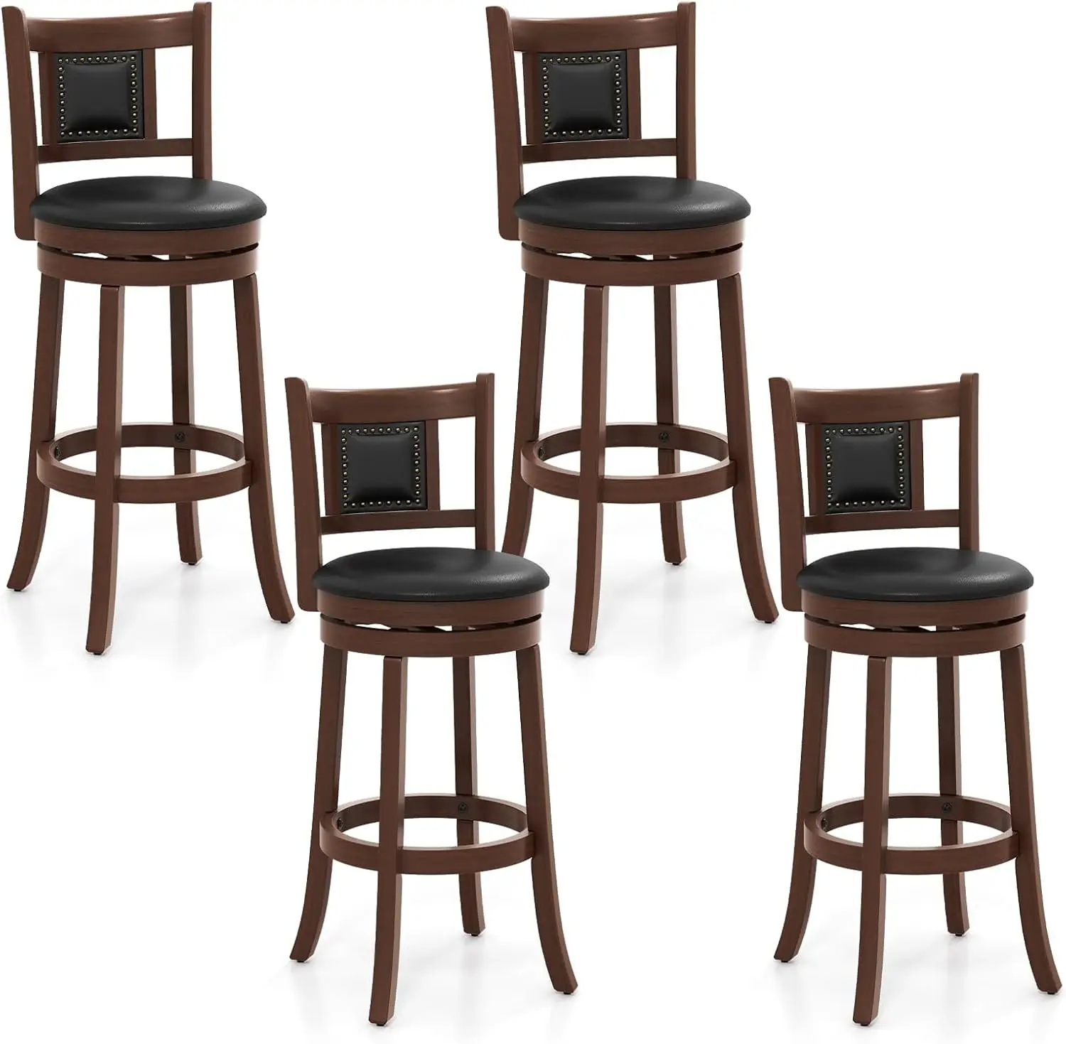 COSTWAY Bar Stools Set of 4, 30.5” Swivel Upholstered Bar Height Bar Stool w/Curved Backrest & Cushioned Seat, Solid Rubber Wood