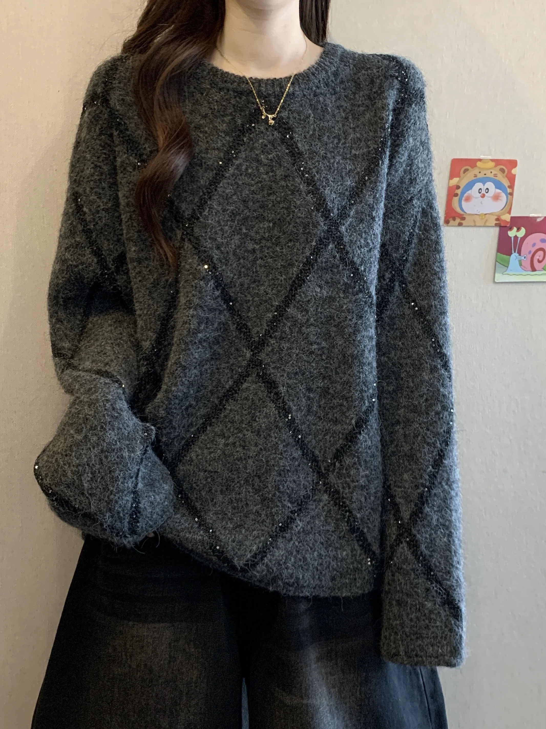 

Ele ey Sequin Diamond Knit Sweater Women's Autumn Winter Loose Fitting Comfortable plus Size Slimming Knitted Top