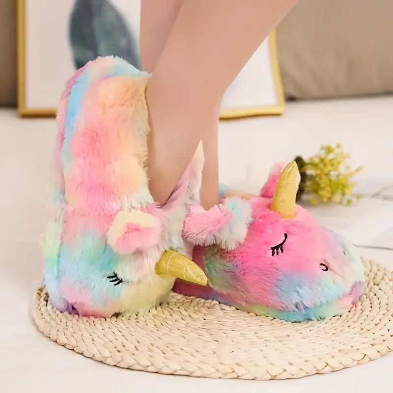 COOLSA Women Indoor Cartoon Unicorn Slippers House Candy Color Cute Warm Plush Slides Holiday Surprised Shoes