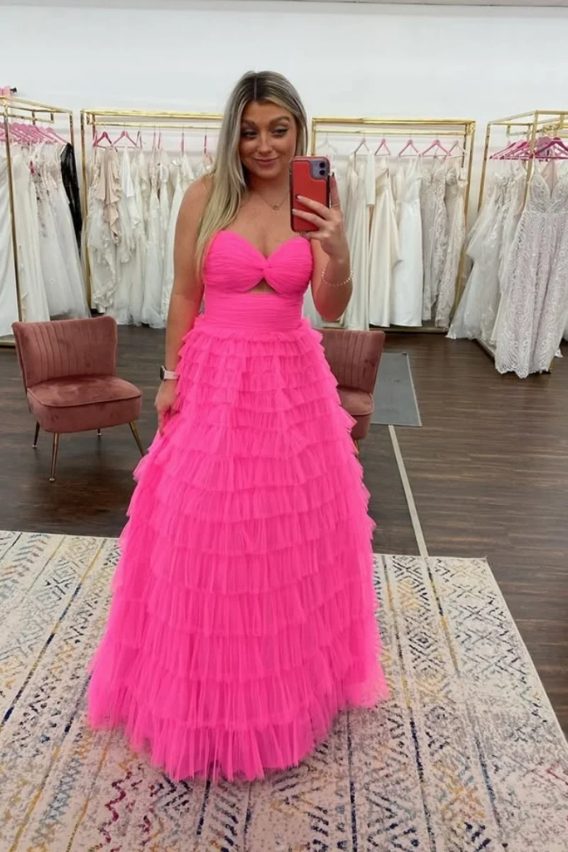 Annie Multi-layer Tulle Prom Dresses Ruffled Hot Pink Fairy Evening Dresses Off-shoulder Women Vestidos De Fiesta Customized