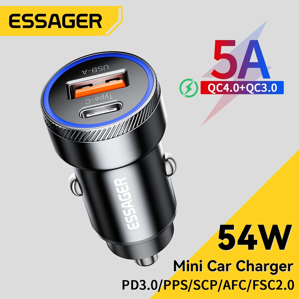 Essager 54W USB Car Charger 5A Fast Charge 3.0 QC PD 3.0 SCP AFC 30W USB Type C Quick Charging For iPhone Huawei Samsung Xiaomi