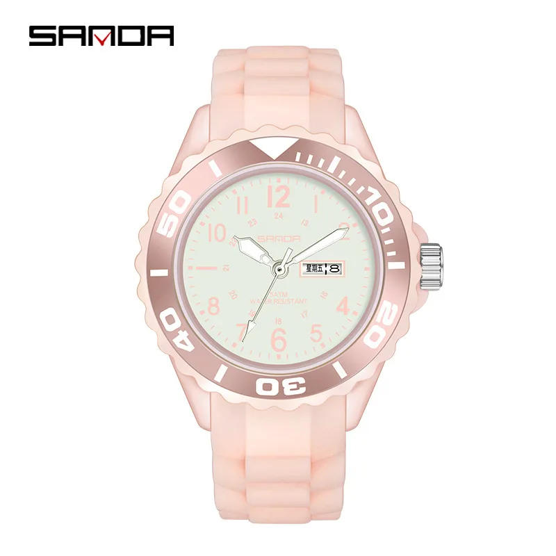 SANDA-Montre-bracelet en silicone pour femme, montres provoqué bleues, horloge de jour pour femme, marque supérieure, nouvelle mode, 1053, 2023