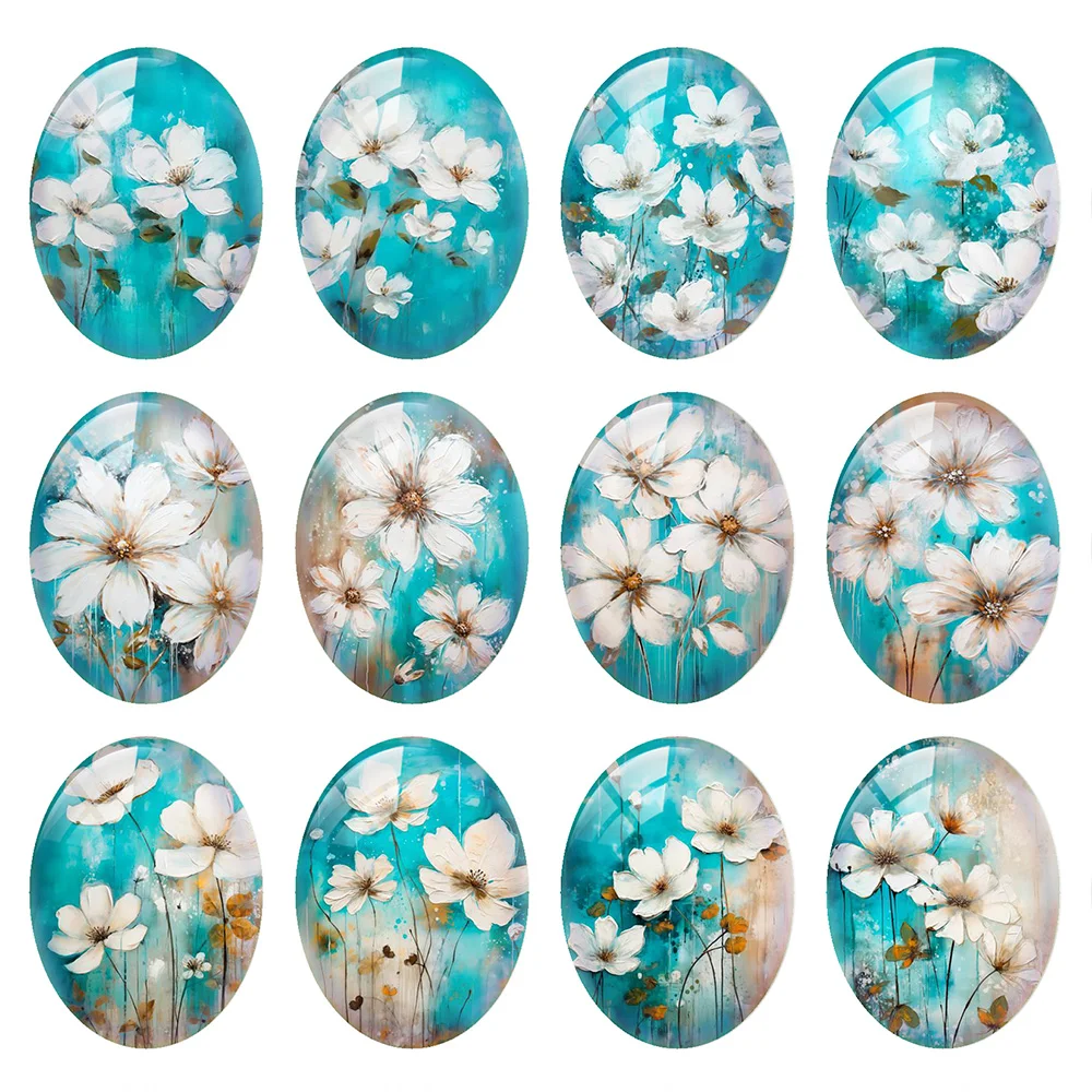 Random Mixed Round/Oval/Square Flower Blue White Oil Painting Photo Glass Cabochon Flatback Demo Cameo For Diy Jewelry Making