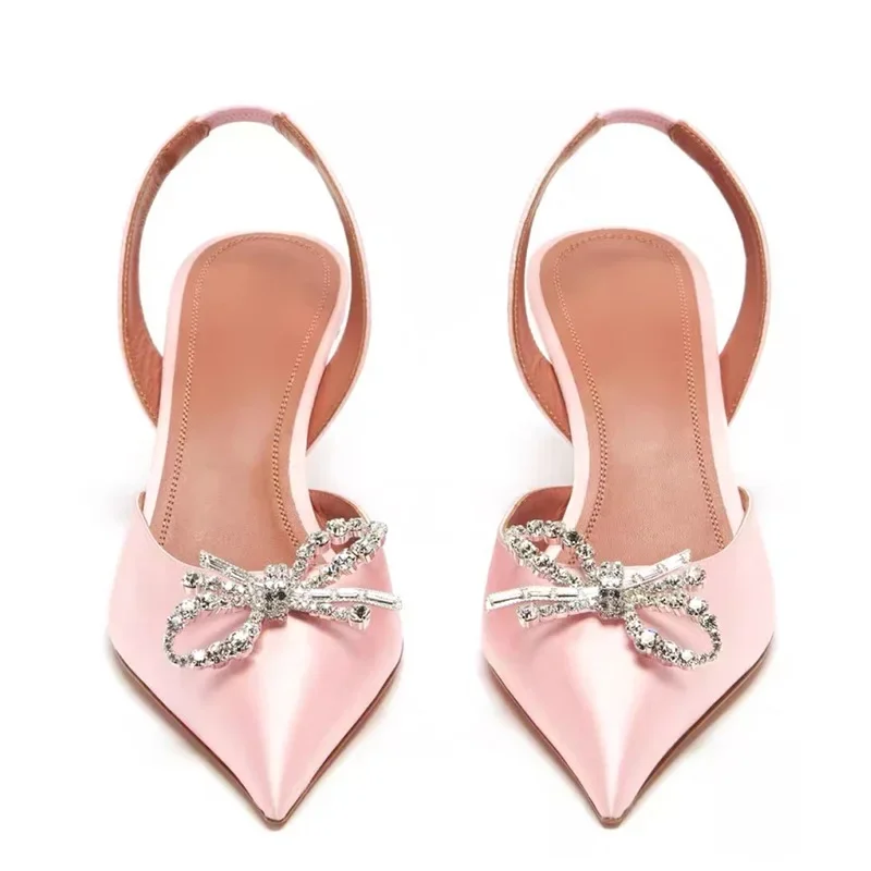 2024 New Early Spring High Heels Pointed Toe Toe Rhinestone Bow Satin Stiletto Sandals Women