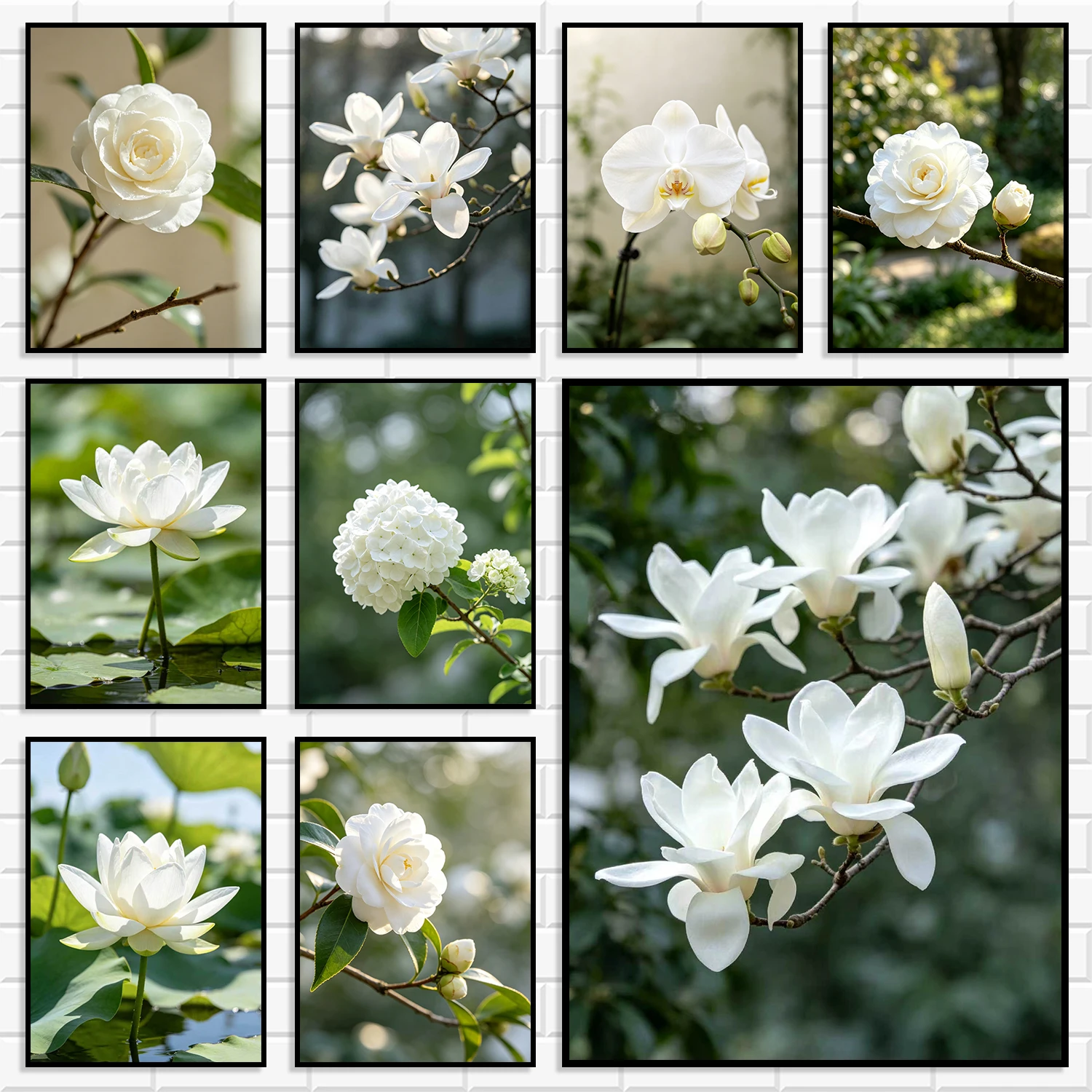 Minimalist White Botanical Flower Canvas Poster Camellia Magnolia Lotus Hydrangea Nature Wall Art for Home Interior Decoration