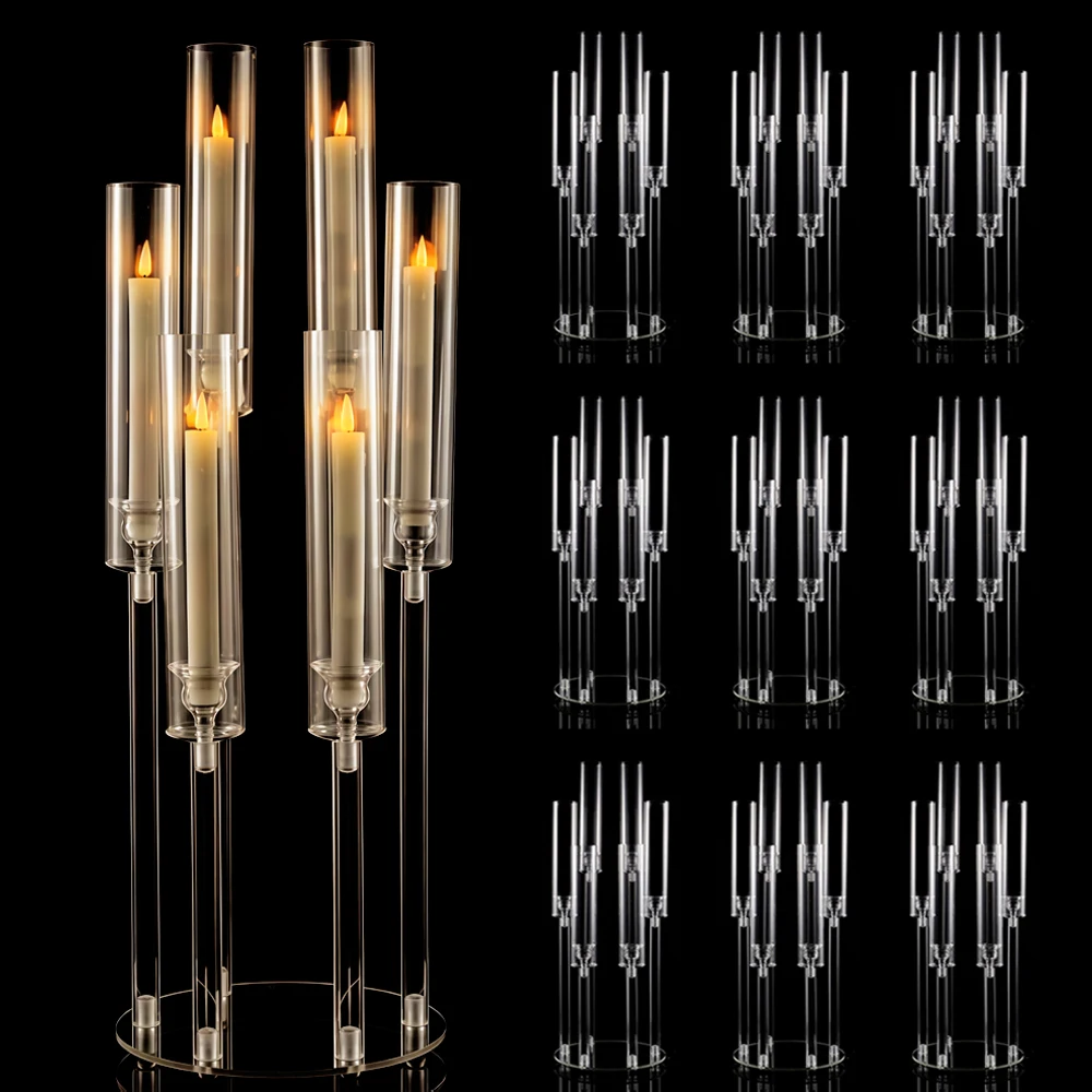 5Pcs 6-Arm Clear Glass Candelabras Taper Holders Elegant Tabletop Centerpiece for Wedding Party Banquet Dining Home Decor