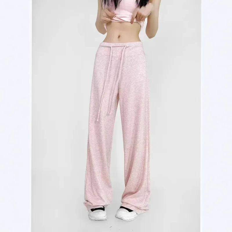 Loose Casual Tie Waist Mid Rise Wide Leg Pants Soft High Stretch Elastic Trousers