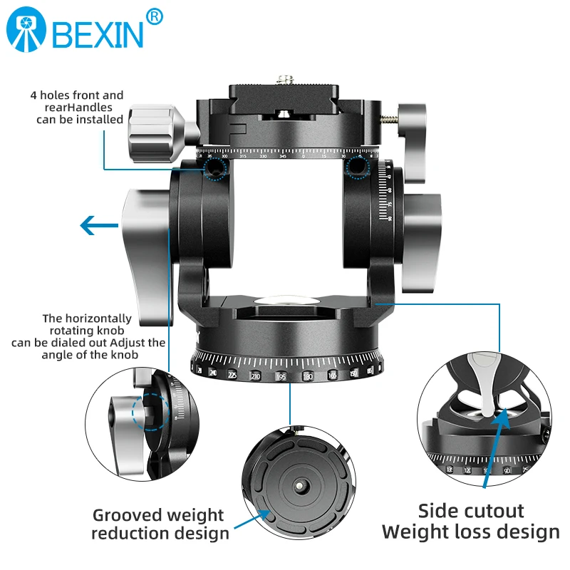 BEXIN New Hollow Video Hydraulic Head -80°+90° Double Panoramic Structure CNC Lightweight Compact Fluid Video Head for Tripod