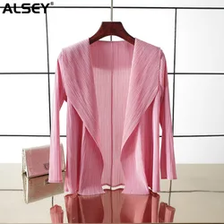 ALSEY Miyake-cárdigan plisado de Color sólido para mujer, Camiseta holgada de verano, camisas y blusas, ropa estética, chaqueta suelta