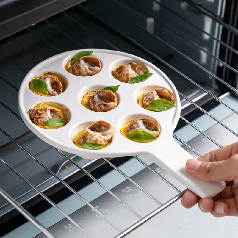 1pcs Ceramic Baked Snail Dish Escargot Baking Plate With Handle Microwave Oven Eating Tool Tableware Baking Tray Kitchen Gadget