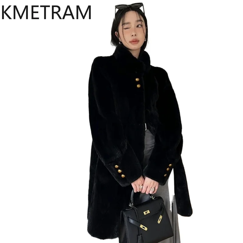 KMETRAM Natural Mink Fur Coats Women Luxury Mid-Length Fur Jacket Stand Collar Real Fur Coat Woman Winter Clothes 2026 casaco