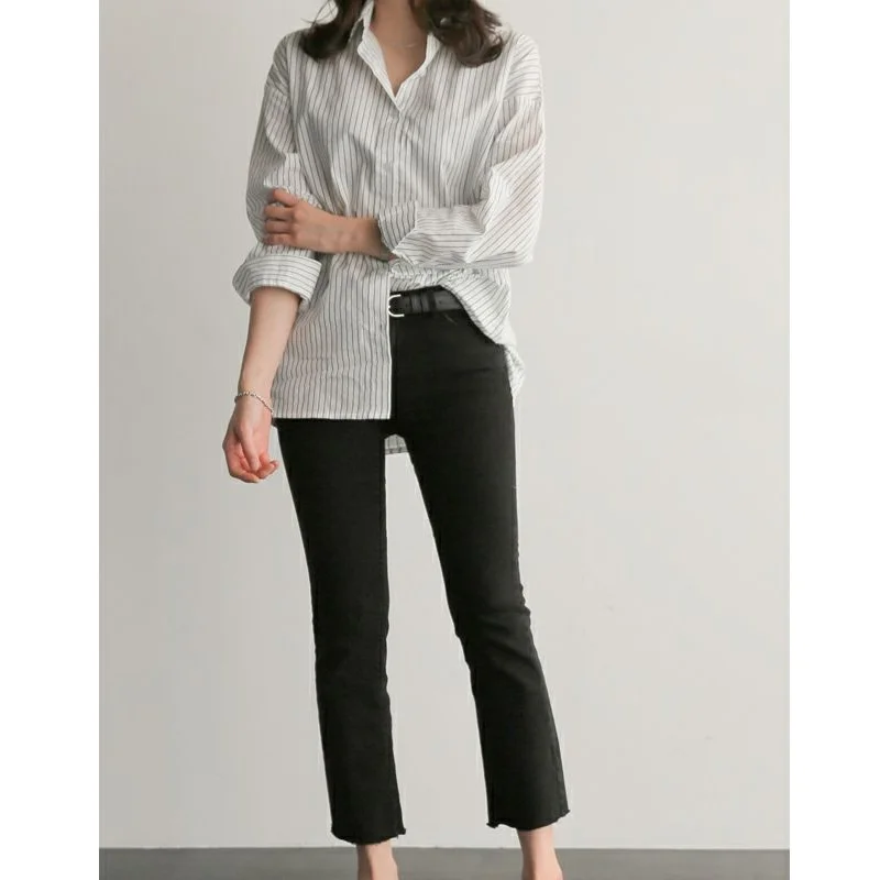 

Женская осенняя новая рубашка в корейском стиле с рубашкой в вертикальную полоску, свободная универсальная