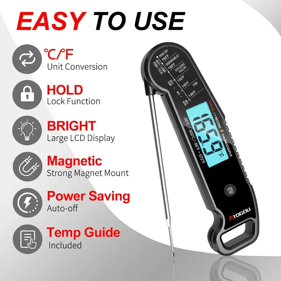 Professional Food Meat Thermometer with 1 Second Instant Read and 0.5 Accuracy Using Thermocouple Sensor IP67 Waterproof Digita