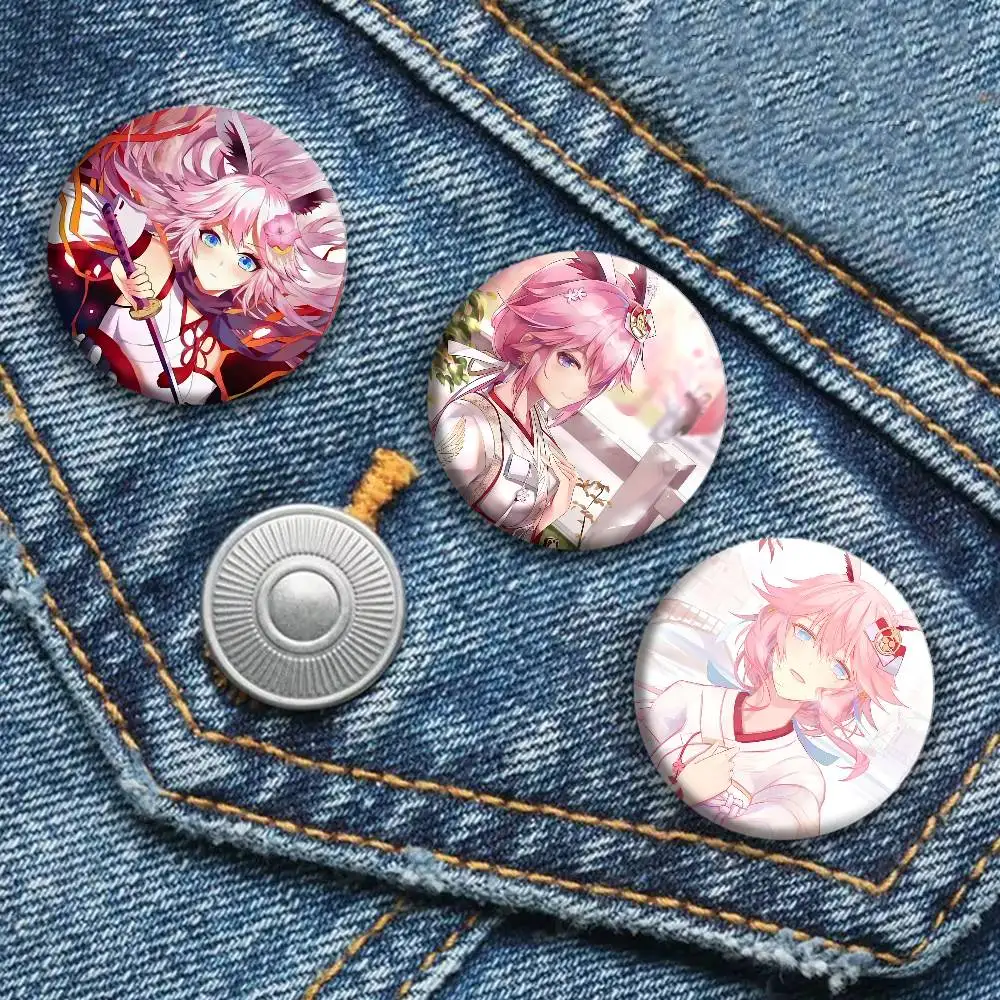 Anime Game Honkai Impact 3 Yae Sakura Badges Round Cosplay Pin Bag Decor Fans Collect Friends Gifts Brooch