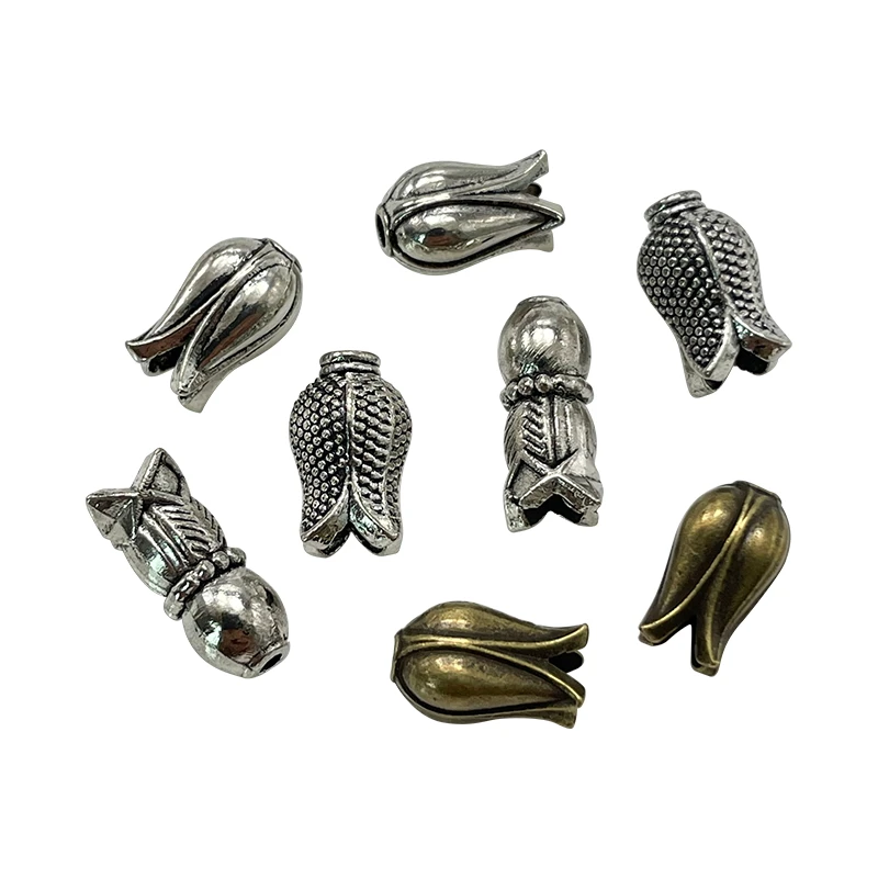 30pcs 3-Color Perforated Tulip Tassel Spacer Bead Cap DIY Tibetan Silver Bronze Jewelry Necklace Connector Alloy Accessories