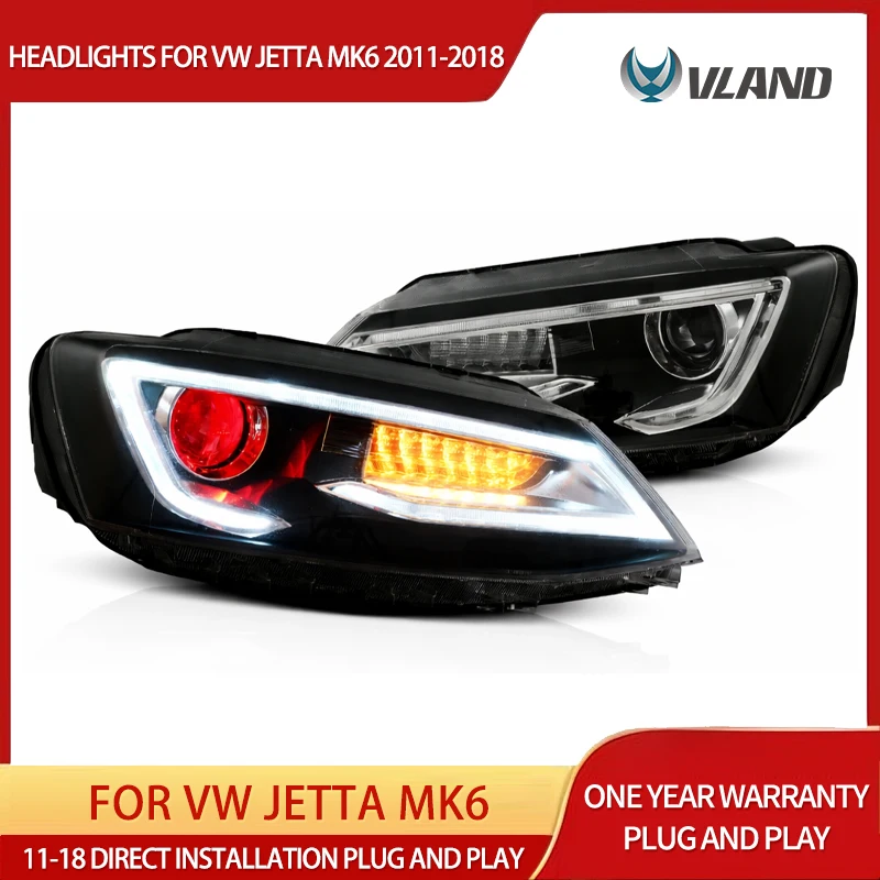 

VLAND LED Dual Beam Projector Headlights For 2011-2018 Jetta MK6 w/DRL, Black, Sequential Turn Signal