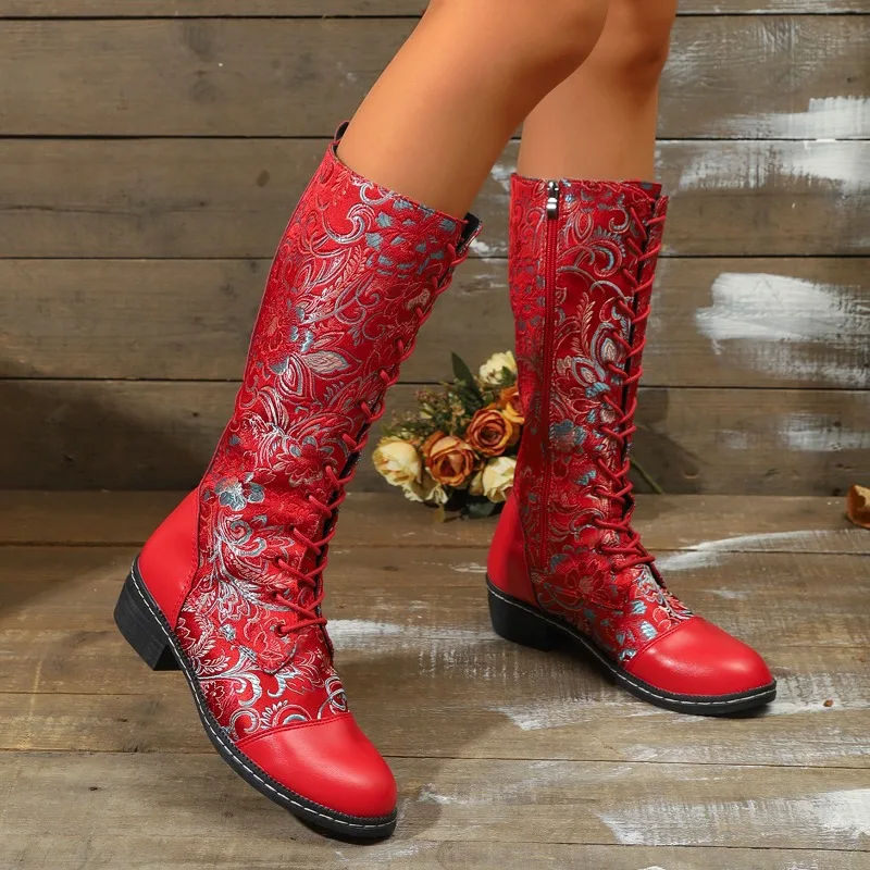 2026 Retro Embroidered Splice Round Toe Women's Mid Calf Boots Fashion Solid Color Side Zipper Comfort Mid Heel Women Long Boots